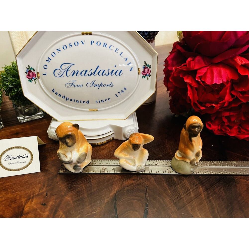 3 Lomonosov MONKEYS Animal Figurine Set 3" LFZ New Russian Porcelain Tan Gift